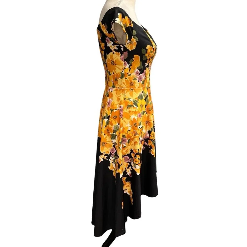 Premier Amour Dress Women 6 Black Yellow Floral Asymmetrical Retro‎ Pin Up - Picture 4 of 12